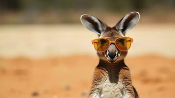 canguru vestindo oculos de sol em a australiano interior vermelho areia fundo. ai gerado foto