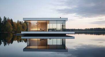 minimalista Morden casa dentro lindo lago refletindo a água. ai gerado foto