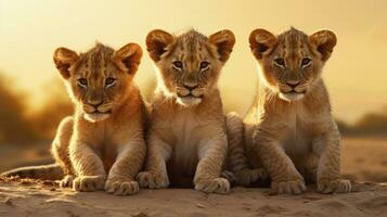 três leão filhotes sentado em a areia perto pôr do sol. ai gerado foto