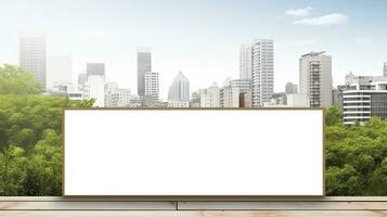 panorâmico paisagem urbana com edifícios e em branco de madeira tabuleta. ai gerado foto