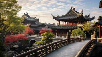 chinês arquitetura, uma rico tapeçaria do tradicional e moderno construção projetos. ai gerado foto