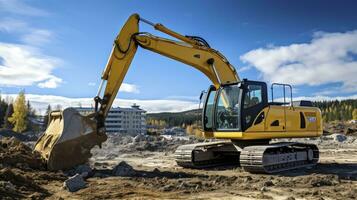 escavadora às construção local pesado maquinaria dentro Ação. ai gerado foto