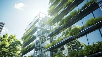 ecológico escritório construção com moderno vidro Projeto dentro a urbano paisagem urbana. ai gerado foto
