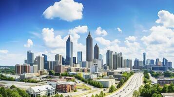 centro da cidade Atlanta Horizonte com estrada e icônico edifícios contra azul céu. ai gerado foto