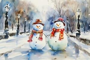 aguarela cartão postal com feliz casal do bonecos de neve dentro uma Nevado parque. fofa personagem foto