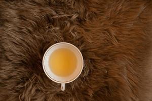 uma xícara de chá verde na manta de pele marrom fofa. foto