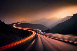 uma grandes exposição fotografia do uma estrada com luz trilhas. gerado por IA foto