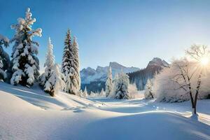 neve coberto árvores e montanhas dentro a inverno. gerado por IA foto