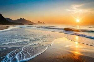 a Sol sobe sobre a oceano e ondas em a de praia. gerado por IA foto