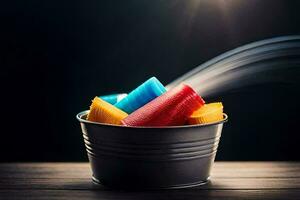 colorida plástico Gravetos dentro uma balde com fumaça chegando fora. gerado por IA foto