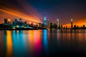 a Chicago Horizonte às noite com luzes refletindo fora a água. gerado por IA foto