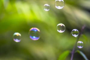 bolhas de água flutuando e caindo sobre folhas verdes foto