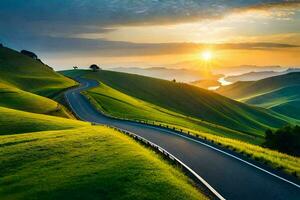 a estrada para a pôr do sol. gerado por IA foto