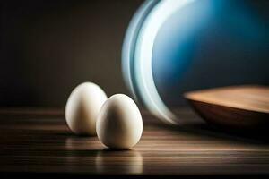 dois ovos sentar em uma mesa com uma circular claro. gerado por IA foto