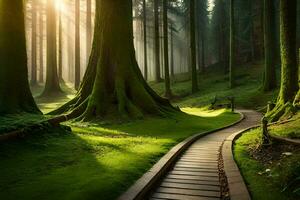 uma caminho através uma floresta com árvores e Sol. gerado por IA foto