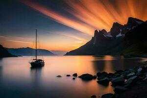 uma barco senta em a água às pôr do sol com montanhas dentro a fundo. gerado por IA foto