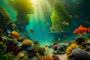 embaixo da agua cena com coral recifes e peixe. gerado por IA foto