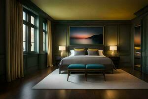 uma quarto com Sombrio madeira paredes e uma cama. gerado por IA foto