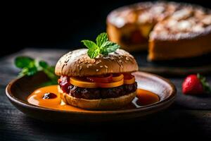 uma Hamburger com queijo, tomate e morango em uma placa. gerado por IA foto