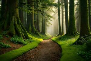 uma caminho através uma floresta com árvores e grama. gerado por IA foto