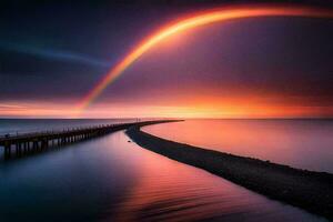 uma arco Iris sobre a oceano às pôr do sol. gerado por IA foto