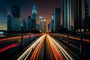 uma cidade rua às noite com tráfego luzes. gerado por IA foto