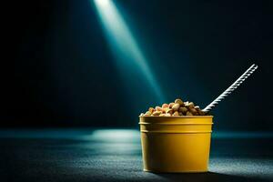 uma balde do amendoim com uma Palha dentro a escuro. gerado por IA foto