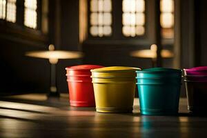 três colorida Lixo latas sentar em uma mesa. gerado por IA foto