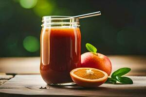 uma vidro do suco com a laranja fatia e folhas. gerado por IA foto