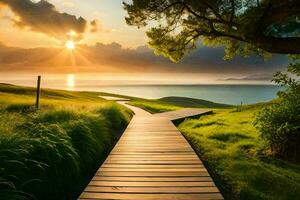 uma de madeira caminho conduz para a oceano às pôr do sol. gerado por IA foto