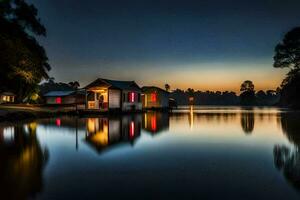 uma pequeno casa em a água às crepúsculo. gerado por IA foto