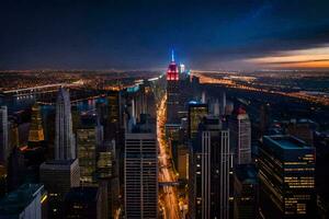 a cidade Horizonte às noite com a Império Estado construção dentro a fundo. gerado por IA foto