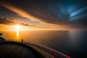 uma grandes exposição fotografia do a pôr do sol sobre a oceano. gerado por IA foto