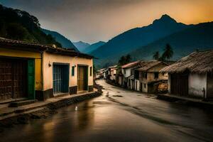 uma rua dentro a montanhas às pôr do sol. gerado por IA foto