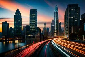 uma cidade Horizonte às crepúsculo com tráfego luzes. gerado por IA foto