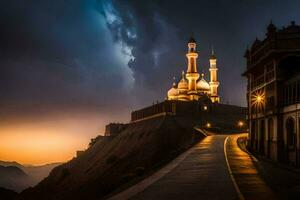 uma mesquita em uma Colina com uma tormentoso céu. gerado por IA foto