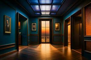 uma corredor com azul paredes e de madeira andares. gerado por IA foto