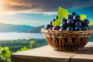 uvas dentro uma cesta em uma mesa com uma Visão do a montanhas. gerado por IA foto