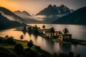 uma casa senta em a costa do uma lago com montanhas dentro a fundo. gerado por IA foto