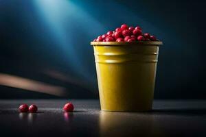 cranberries dentro uma amarelo balde em uma Sombrio mesa. gerado por IA foto