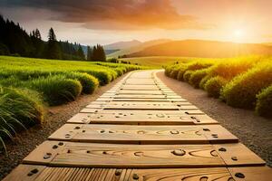 de madeira caminho dentro a montanhas às pôr do sol. gerado por IA foto