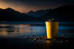 café feijões em a de praia às pôr do sol. gerado por IA foto