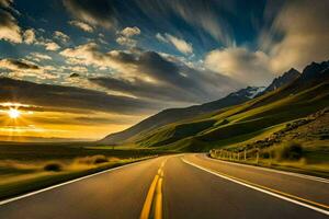 uma estrada dentro a montanhas com a Sol contexto. gerado por IA foto