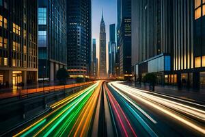 uma cidade rua com luz trilhas do carros passagem por. gerado por IA foto