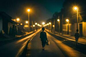 uma mulher anda em baixa uma rua às noite com uma lanterna. gerado por IA foto