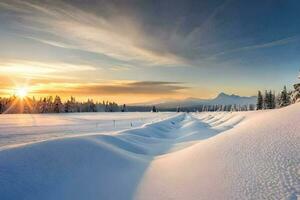 neve coberto montanhas e árvores às pôr do sol. gerado por IA foto