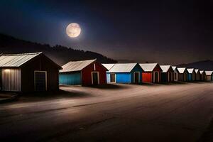 uma linha do colorida de praia cabanas às noite. gerado por IA foto