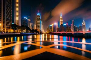 a cidade Horizonte às noite com luzes em a água. gerado por IA foto