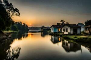 uma rio às pôr do sol com casas e árvores gerado por IA foto