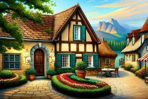 uma pintura do uma pequeno Vila com flores e árvores gerado por IA foto